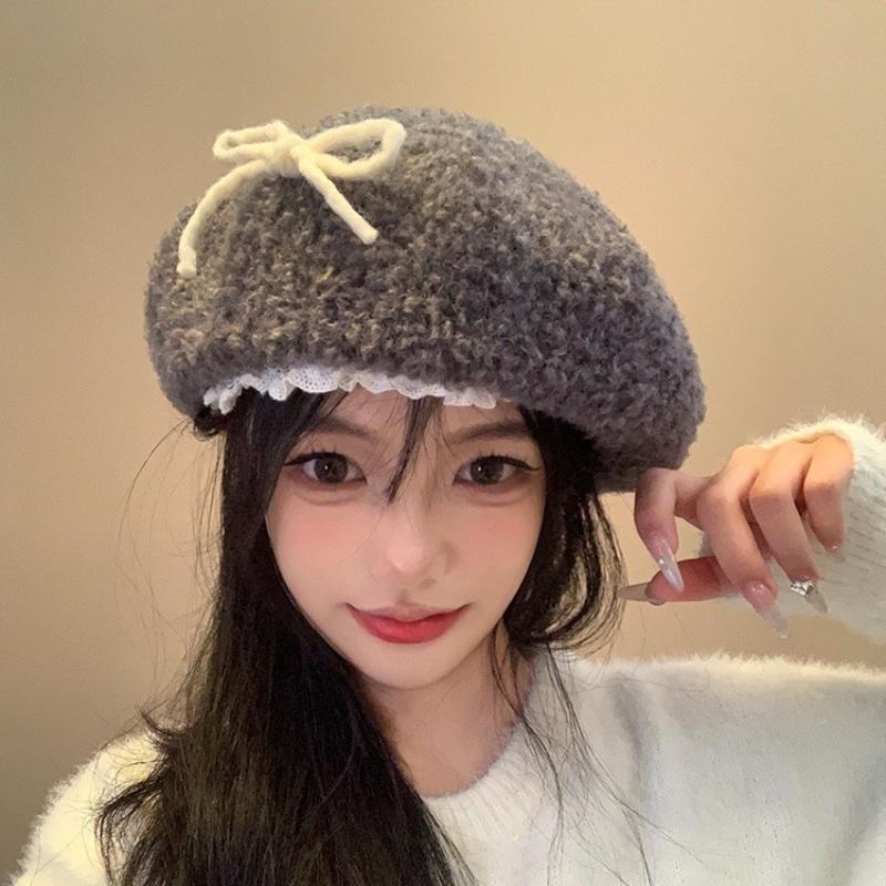 Autumn And Winter Cute Hairy Bow Lace Beret Hats For Women Daily Wear Travel Pography Warm Fashion Versatile Painter Hata