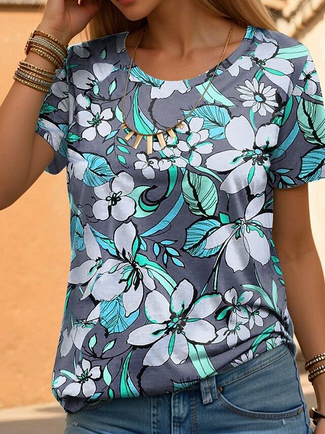 Sommer Rundhals 3D Blumenmuster Bedrucktes Top Modische Lässige Kurzarm Damen T-Shirts