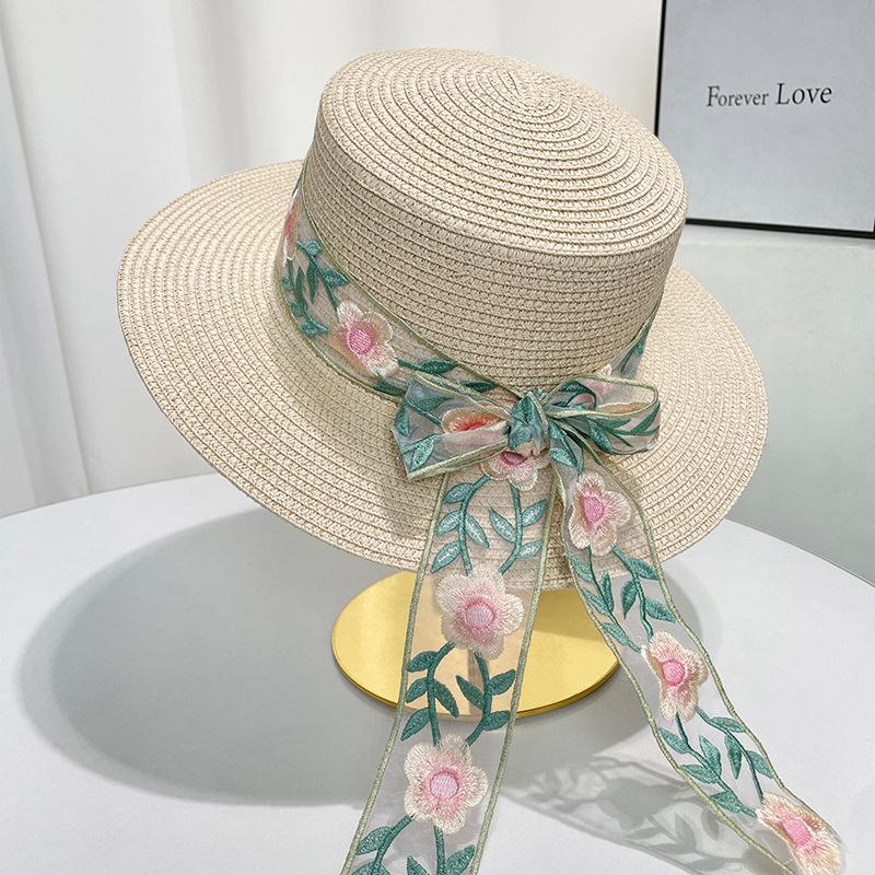 French Flat-top Flower Straw Hat High-end Seaside Vacation Beach Hat Bow Sunshade and UV-proof Sun Hat