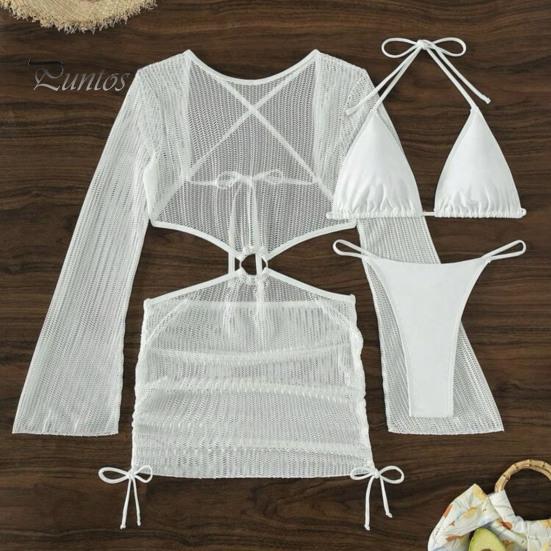 3Pcs/Set Women Bikini Set Halter Bra Lace-up Swimming Trunks Set with See-through Mesh Yarn Cover Up Dress