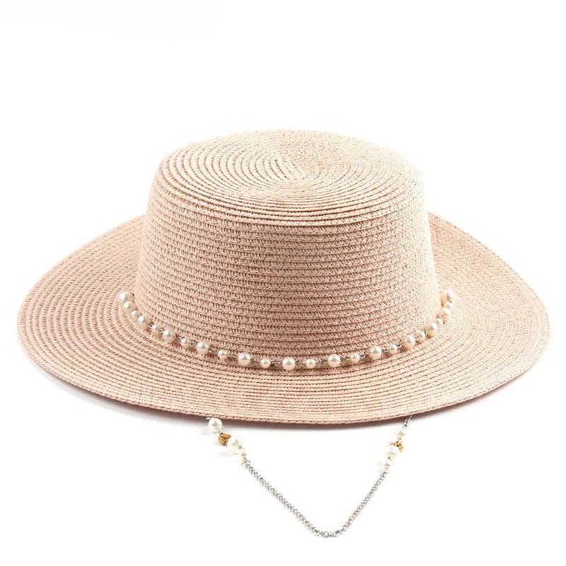 Women Summer UV Protection Straw Sun Hat Wide Brim Korean Style Pearl Decor Beach Foldable Travel Elegant Lightweight