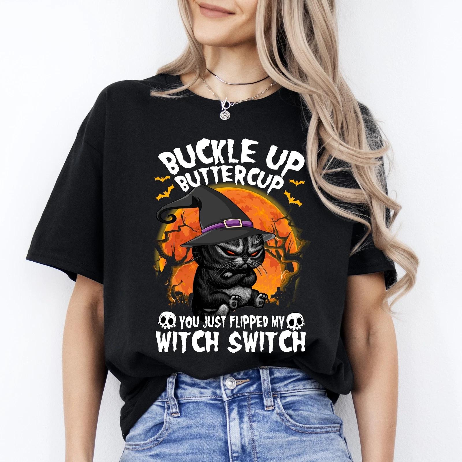 Witch switch Halloween Unisex T-Shirt Scary Spooky funny grumpy cat tee Black Da XL