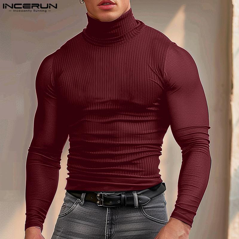 INCERUN Herren Rollkragenpullover aus Mesh mit Patchwork und langen Ärmeln, gestrickt, tailliert