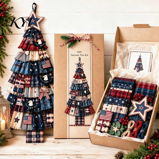 Accroche Murale Festive pour la Maison DIY Kit d'Assemblage Arbre de Noël Patchwork Surdimensionné, Ensemble d'Assemblage Tissu à Carreaux Rétro Décoration avec Ornements pour la Décoration des Fêtes Et