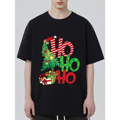 Świąteczny T-shirt Czarny Ho Ho Ho Nadruk Choinki i Prezentów Ubranie na Imprezę Świąteczną