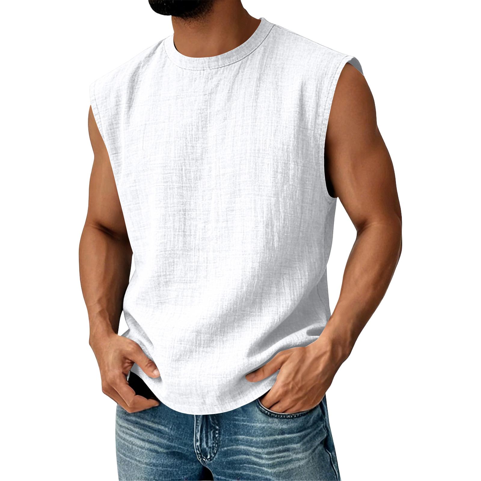 

Men’s Sleeveless Crew Neck Relaxed Fit Linen Tank Top Casual Lightweight Summer Shirt L білий