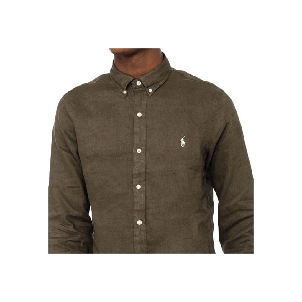 Polo Ralph Lauren FW25 Classic Solid Color Long Sleeve Linen Shirt With Pony Embroidery Men shirts Green 710866956-005