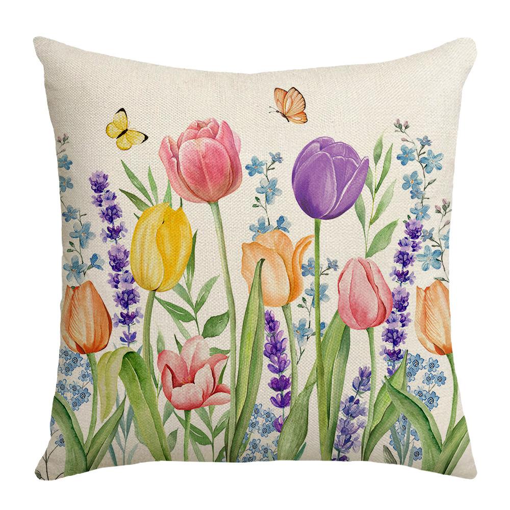 Spring New Pillow Printed Pillow Linen Sofa Letter Plant Flower Cushion Cover