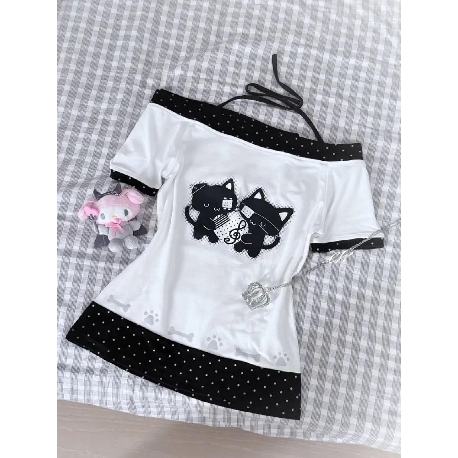 

TrendHub Trendy Cute Polka Dot Short Sleeve Waist Cinched Belted Fake Two-Piece Bow Tie One-oulder Top for Young Women Summer Wear S