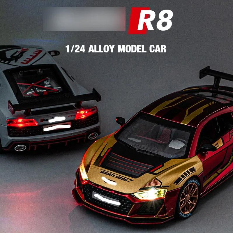 Model auta R8 z hliníkové slitiny v měřítku 1/24, vysoce simulační odlitky, hračka se zvukem a světlem, natahovací vozidla, dekorační hračka pro děti, dárek