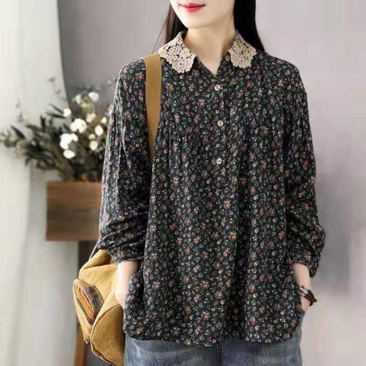 Vintage Floral Print Cotton Linen Blouse for Women Asian Size Long Sleeve Top Casual Lace Patchwork Collar Artistic Autumn Button Shirt
