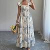 French square neck dress waist long dress European and American new summer