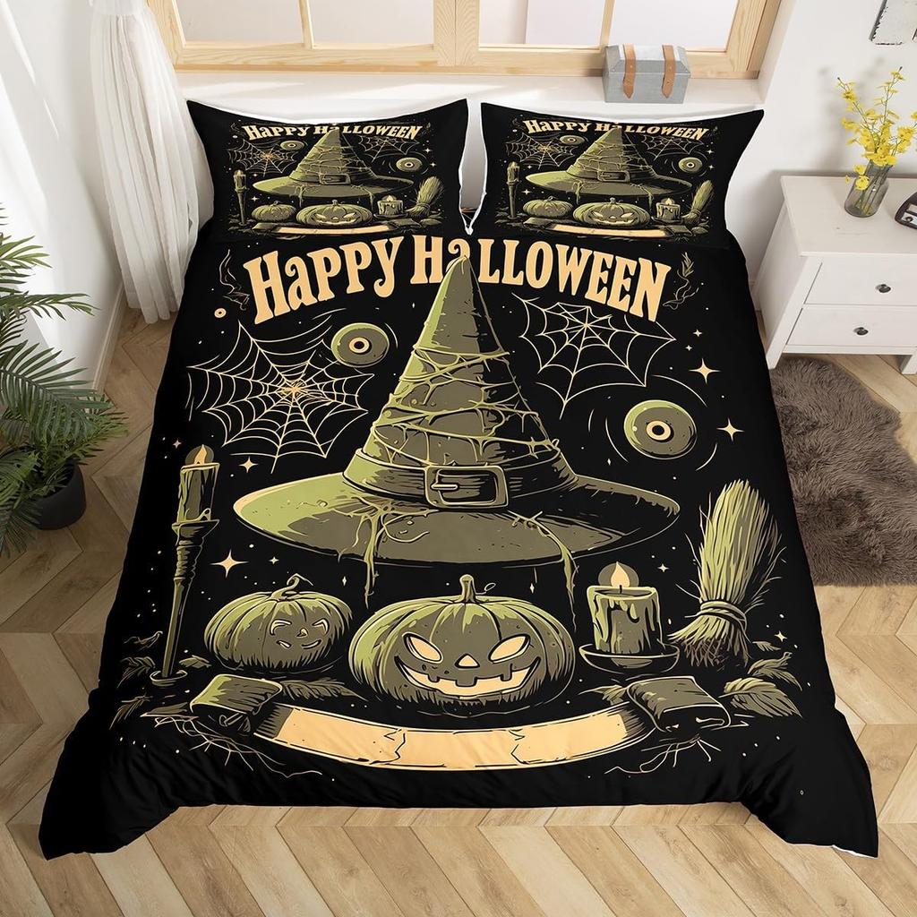 Happy Halloween Bedding Set Full King Size Witch Duvet Cover For Boys Teens Spiderweb Comforter Cover Set Magic Bedspread Cover