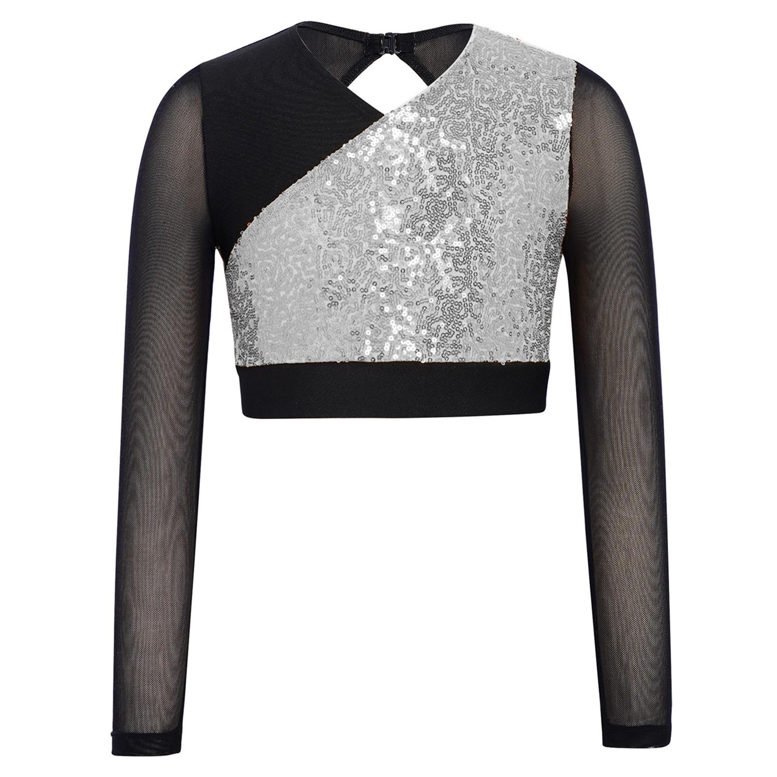 

Girls Sequins Crop Top Long Sleeve Mesh Patchwork Cutout Back Color Block Dance Top 5-6 Years срібний