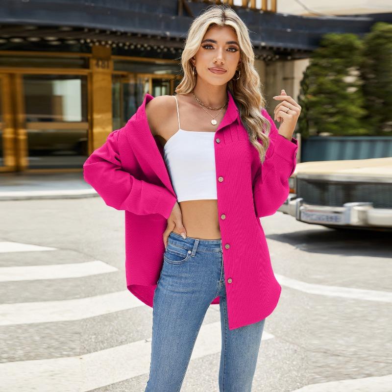 Spring and Autumn Women's Shirt Solid Colour Striped Lapel Button Long Sleeve Loose Top