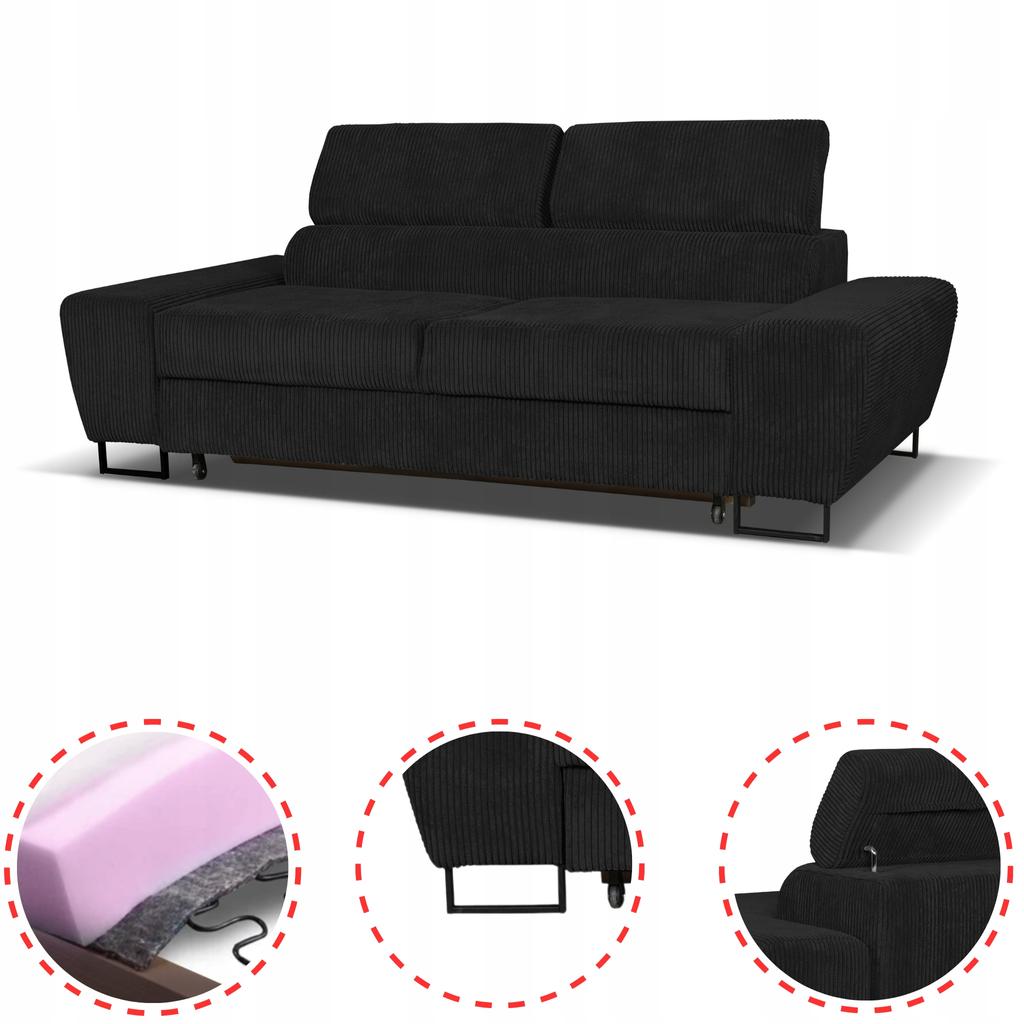 Sofa Couch Savio Living Room Family Furniture Black Corduroy Reg Headrest