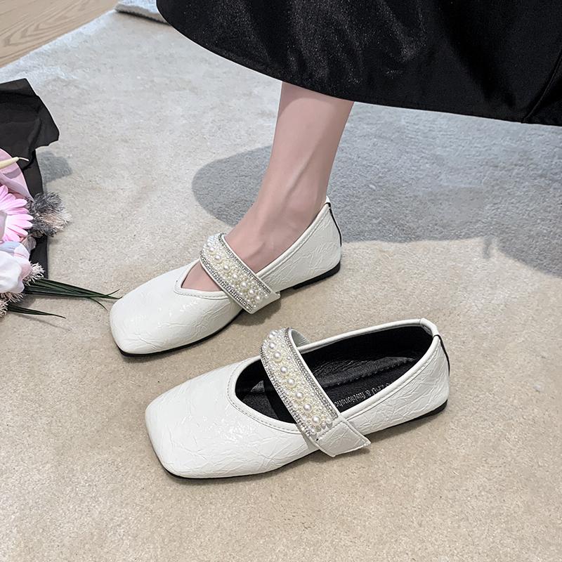 Flat Shoes with One Buckle Strap Autumn New Square Toe Shallow Mouth Rhinestone Soft Sole Non-slip Wear-resistant Single Shoes