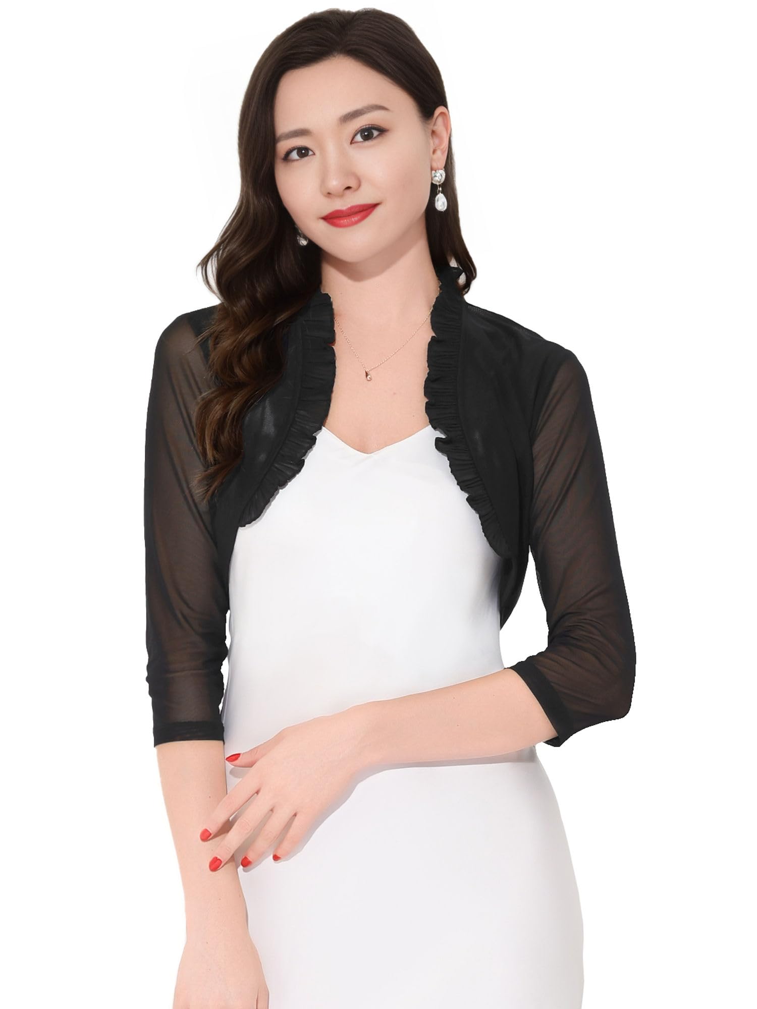 

Allegra K Укороченный кардиган-болеро с открытым передом, рюшами, накидка, прозрачный, рукава 3/4, спереди, сетчатый, черный, женский, XL чёрный