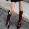 Fashion Burgundy Patent Leather High-Top Long Boots For Women Wine Red Pointed Toe Slip On Botas Largas De Mujer Kitten Low Heels Mature