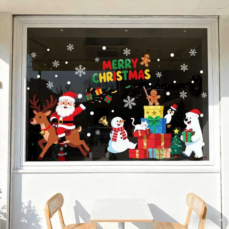 Christmas Santa Snowman Glass Sticker Decoration for Window Christmas Snowflake Static Electricity Sticker