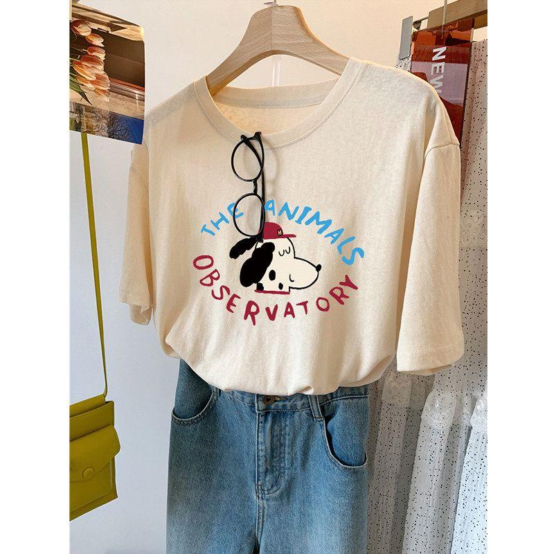 

Fat Sister 100.00kg Plus size Cartoon Popular Light Snowflake Cotton T-shirt Top Women clothes Summer Loose Cool Feeling Short sleeve Light Apricot 3XL