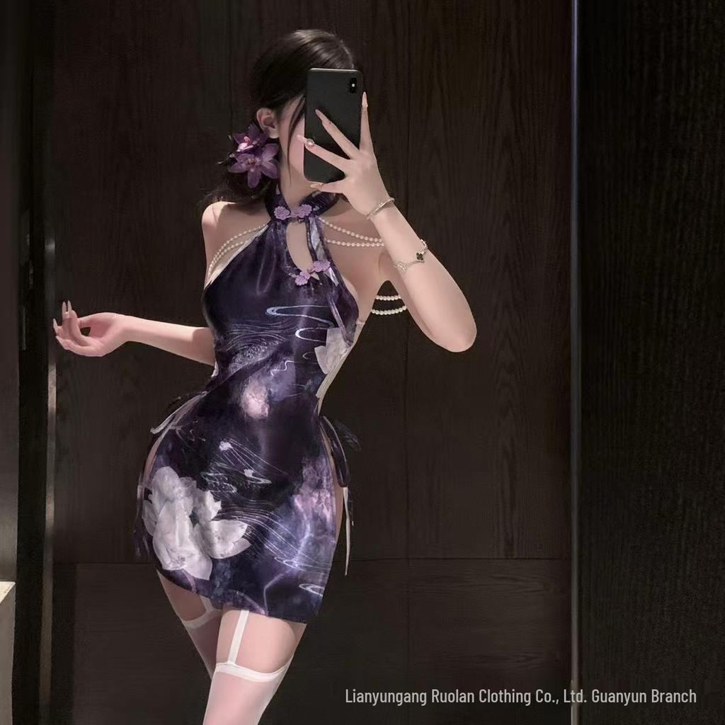 Ruo Lan Chinese-Style Pearl Backless Qipao Lingerie with Slit