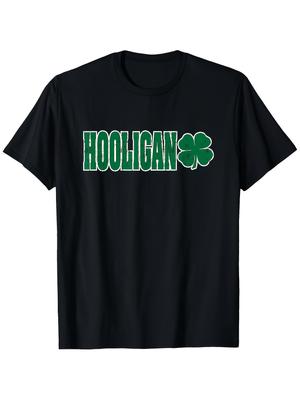 Men's St Patrick's Day T-Shirt with Bold HOOLIGAN Four-Leaf Clover Pattern Loose Fit Short Sleeve Cr
