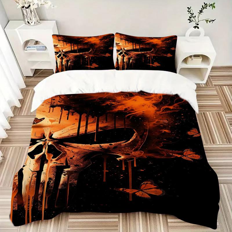 3pcs Punisher Butterflies Skull Bedding Set, Includes 1 Comforter + 2 Pillowcases, Without Pillow Inserts, Soft Comfortable, Lightweight Bre