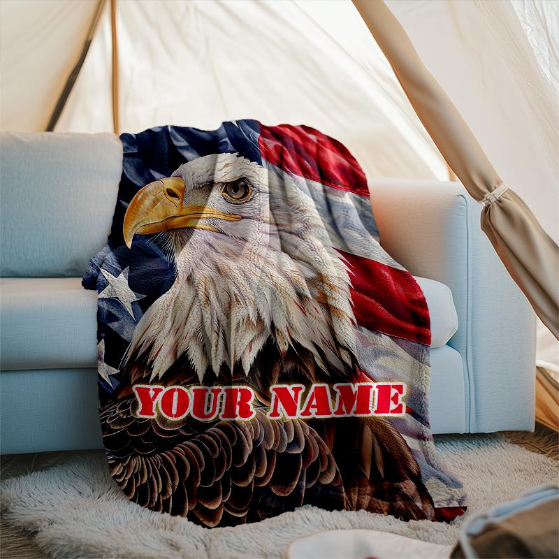 1PC Custom Name Eagle Pride American Flag Outdooor Flannel Blankets Patterns Throw Blanket All-Season Soft Gift for Couch, Bed, Camping Gifts