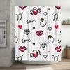 Cute Love Theme Shower Curtain For Romantic Baths - Fun Doodle Design With Hearts Rings And Lips Waterproof Durable Easy-Clean