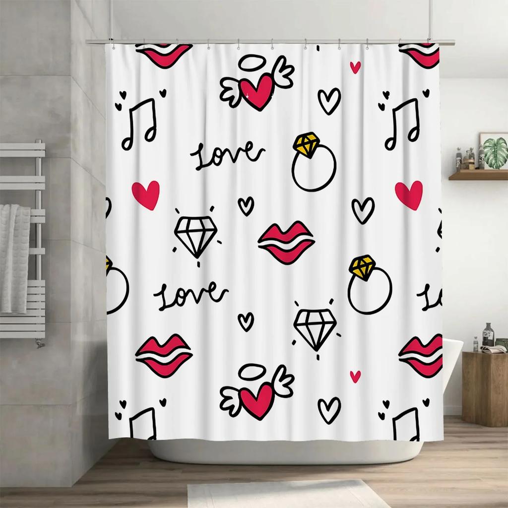 Cute Love Theme Shower Curtain For Romantic Baths - Fun Doodle Design With Hearts Rings And Lips Waterproof Durable Easy-Clean