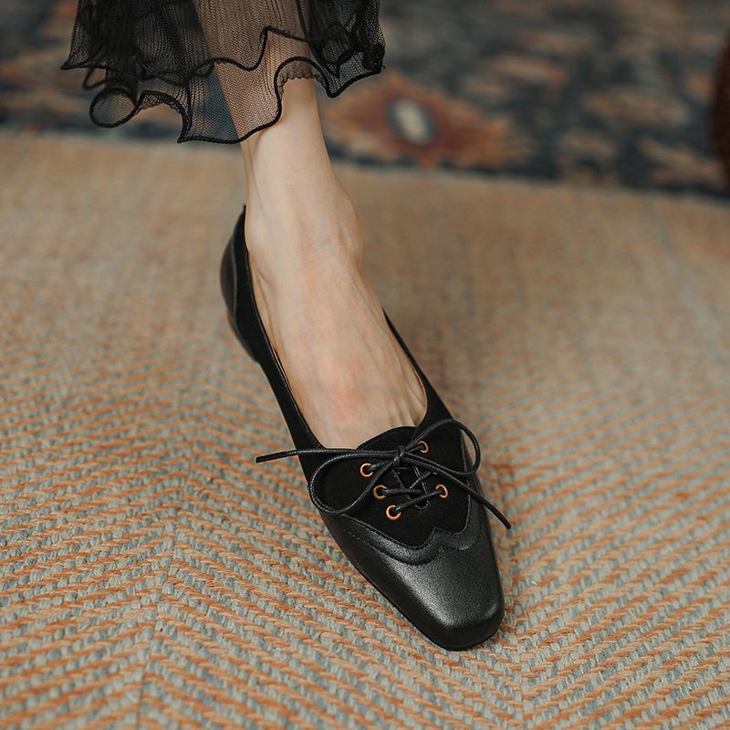2024 Retro Women Pumps Square Toe Low Heels Casual Working Shoes Woman Spring Summer Genuine Leather Office Lady Women Loafers