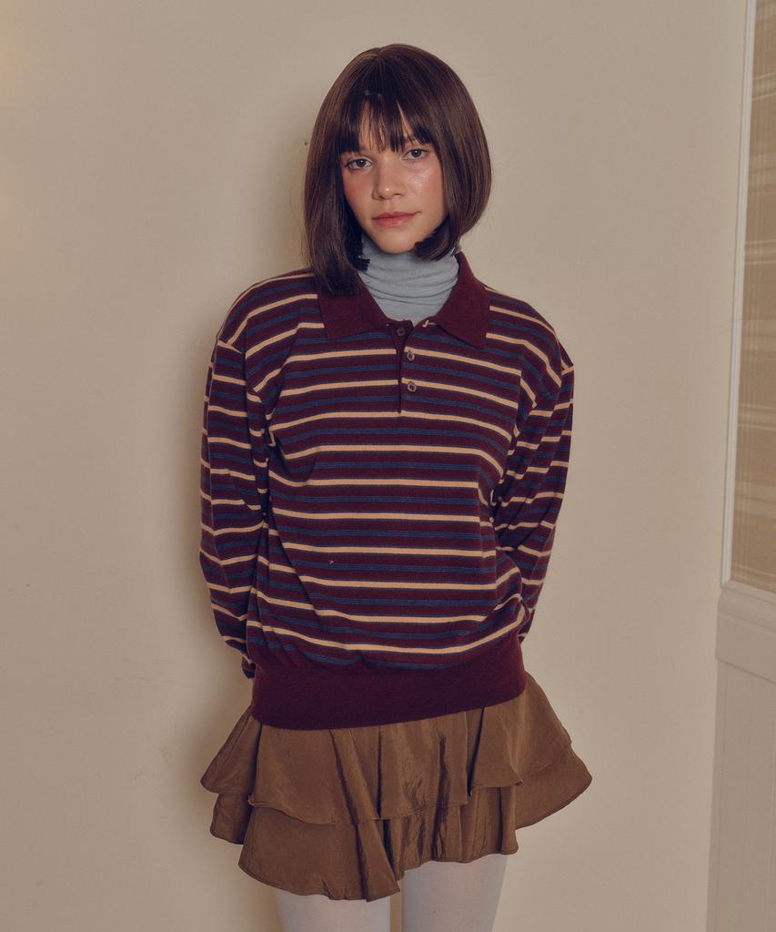 MELLY&ROSE Soft Stripe Polo Knit (310253)_Brown