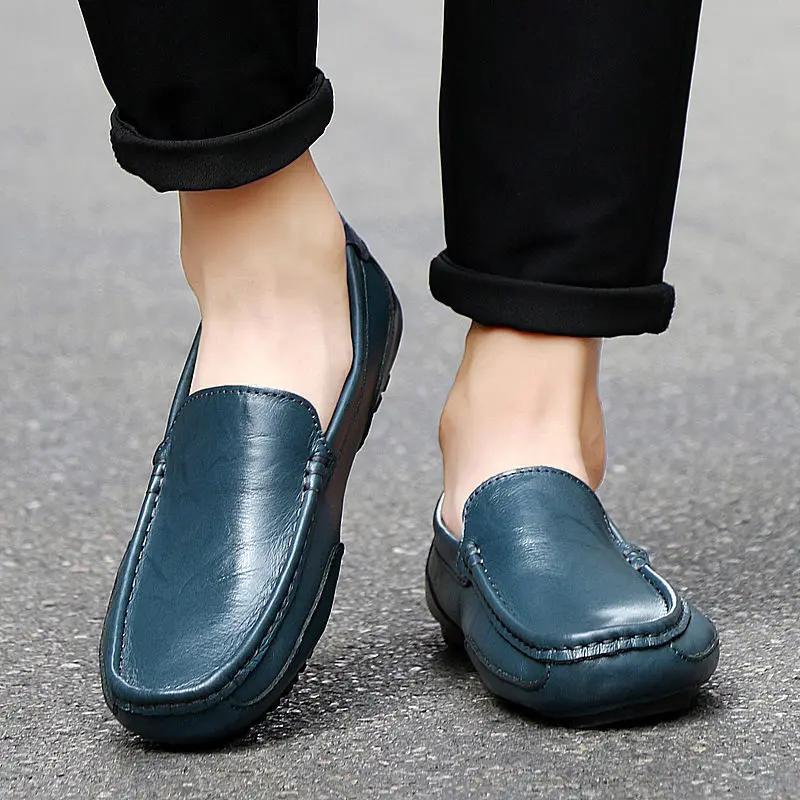 Fashion Blue Plain Man Casual Shoe Slip-on Soft Luxury Sale 2025 Trend Cowhide New In Comfortable Legitimate Retro Leather Shoes for Men