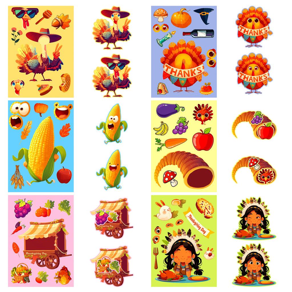 6 Photos/pack Thanksgiving Themed Puzzle Stickers Turkey Corn Festival Celebration DIY Face Swap Stickers