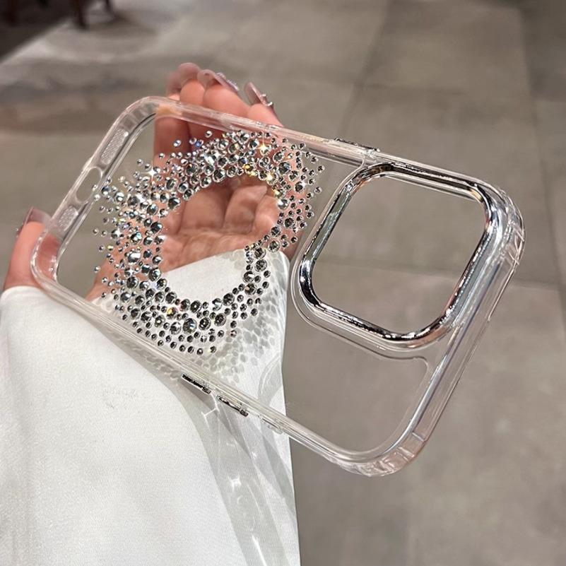 Luxury Diamond Love Heart Case for iPhone 16 Pro Max 16 Plus Transparent Acrylic Metal Cover for iPhone 13 12 11 14 15 Pro Max
