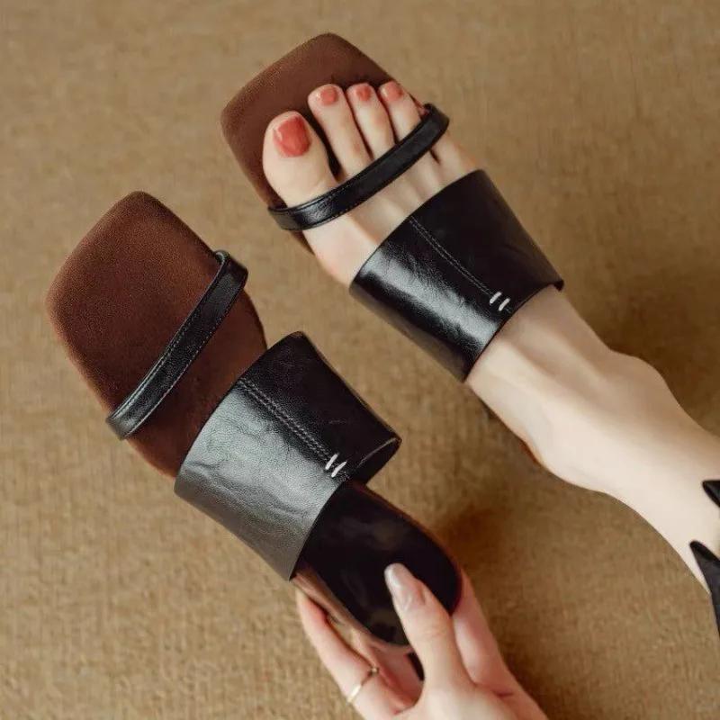 Fashion Elegant Women's High Heels Slippers Retro Heeled Shoes Summer Fashion Sandals Pumps 2025 New Square Toe Chunky Chaussures Femme