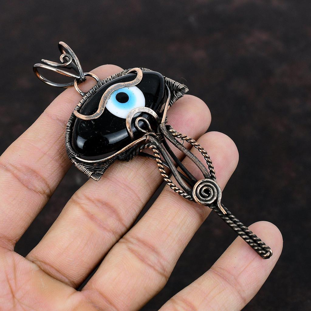 Black Color Evil Eye Pendant Copper Wire Wrapped Pendant Handmade Pendant Wire Wrapped Jewelry Gemstone Pendant Copper Jewelry Gift For Him