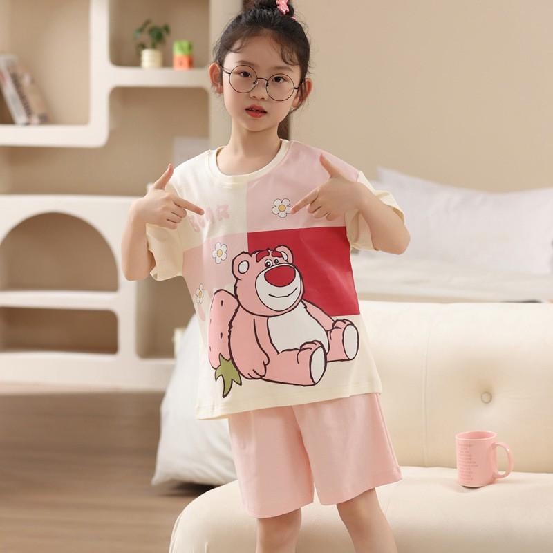 Girls Cotton Pajama Set Short Sleeve Cartoon Print Lightweight Sleepwear Ages 8