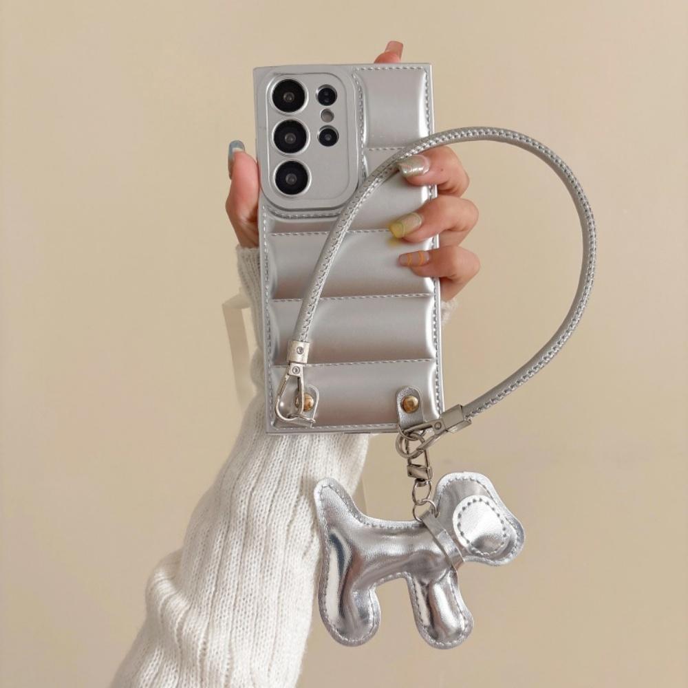 Leather Cartoon Dog Wrist Strap Phone Case for Samsung Galaxy S26 Ultra S25 S24 Plus S23 FE S22 A17 A07 Down Jacket Soft Cover