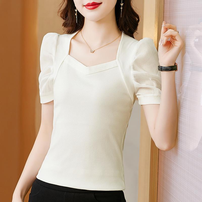 New Summer Solid Color Cotton Slim Short-sleeved Knitted Temperament Commuter Pullover Palace Style Puff Sleeve Top
