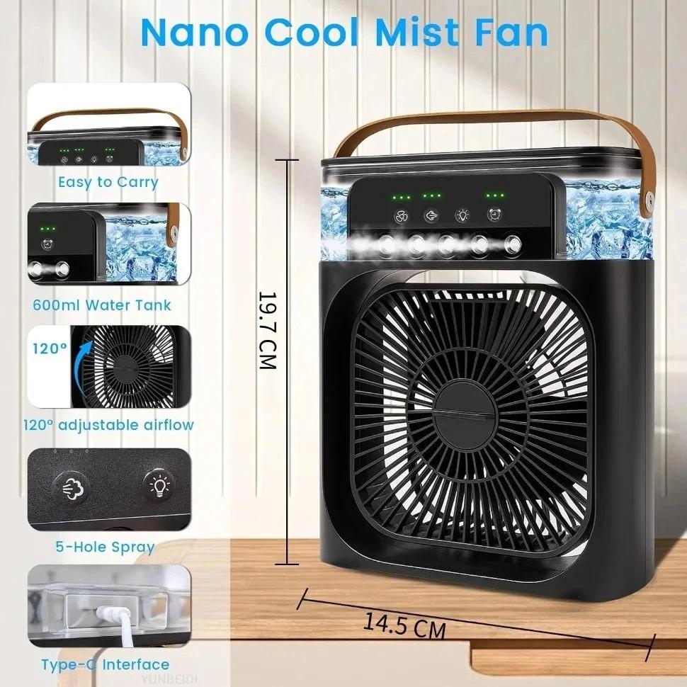 Three-in-one Fan Air Conditioner LED Light Portable Humidifier Air Conditioner Fan 3/4 Wind Speed Outdoor Travel Water Spray Fan