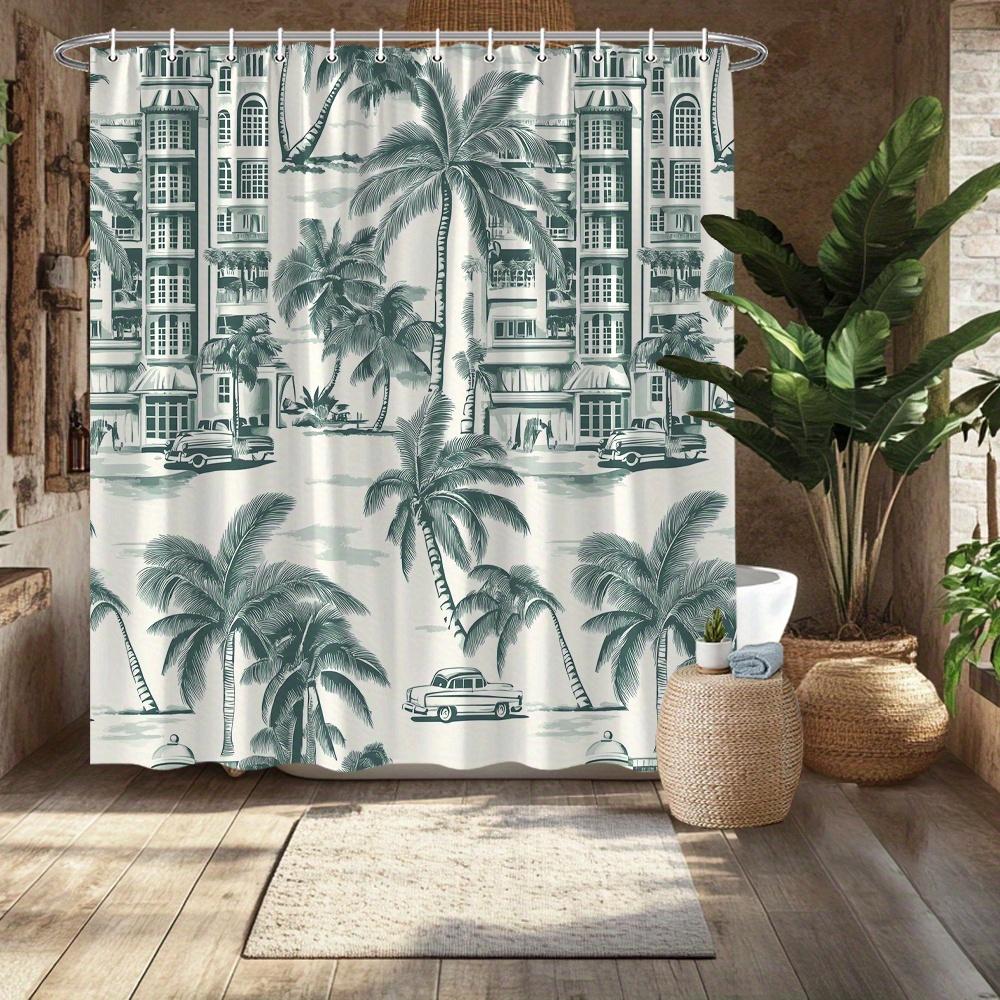 Retro City Theme Shower Curtain, Palm Tree & Rickshaw Design, Tropical Style, Fashion Home Bath & Bathtub Decor