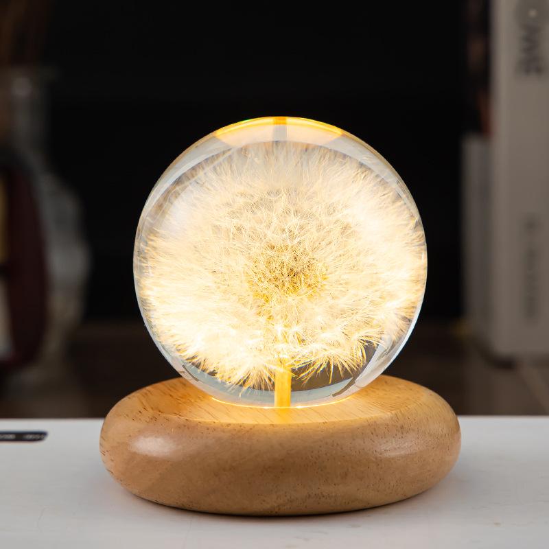 Dandelion Crystal Ball Night Light with Preserved Flower