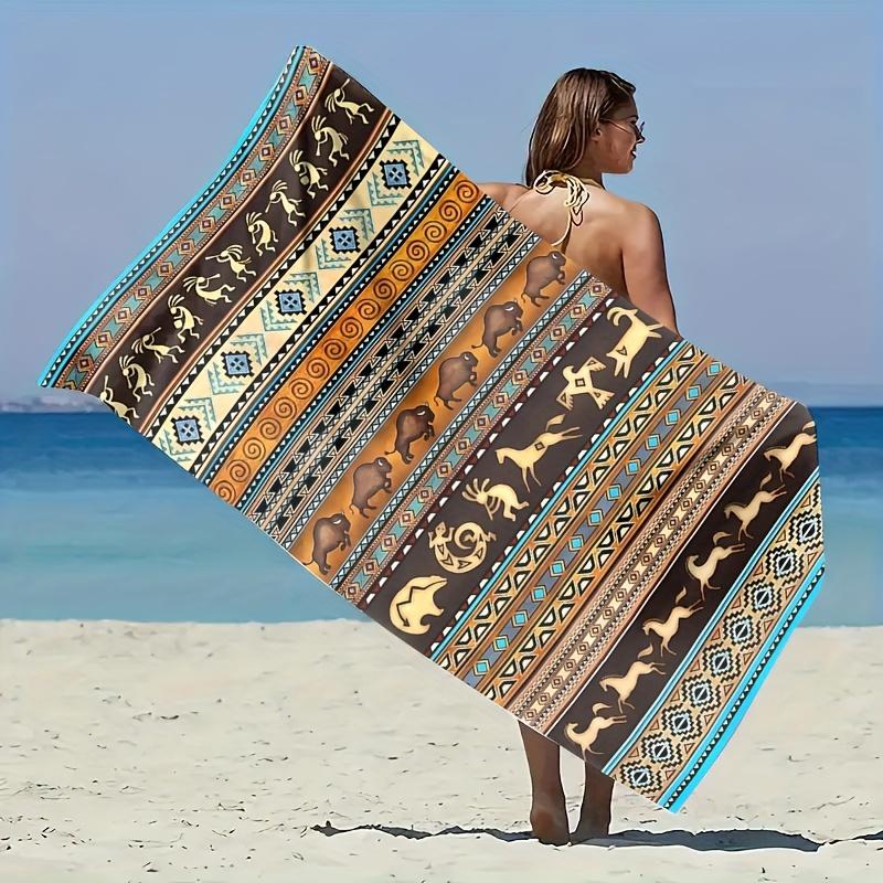 Colorful Ethnic Pattern Beach Towel, Vibrant Tribal Folk Art Quick-Dry Sand-Free Microfiber Bath Towels for Yoga Swim and Travel