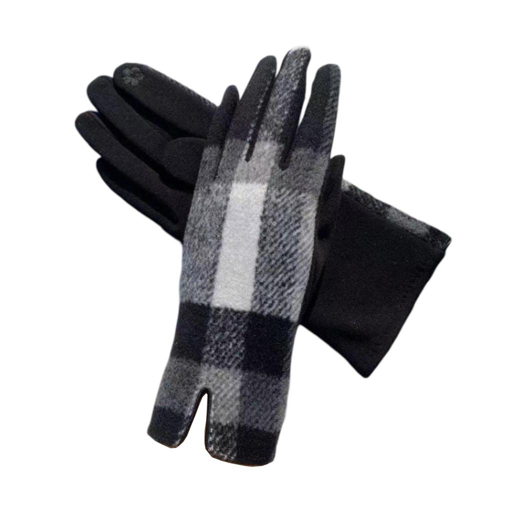 Winter Plaid Gloves Touchscreen Warm Fleece Lining Embroidered Flowers Windproof Non Slip Grips Cold Weather Hand Protection