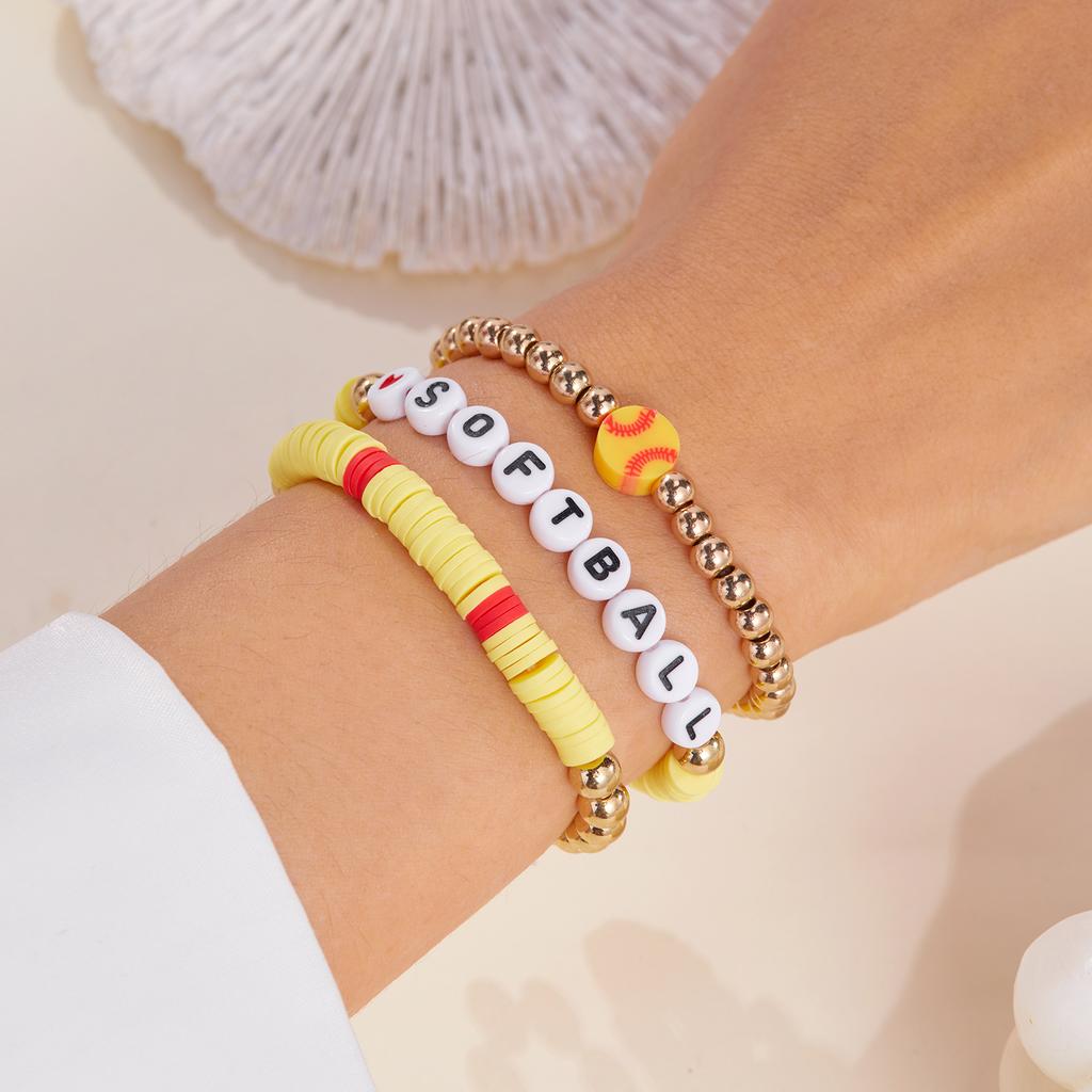 3 Pcs Football Basketball Baseball Volleyball Bracelet Soft Clay Pottery Gold Color Beads Bangle Unisex Student Sports Jewelry