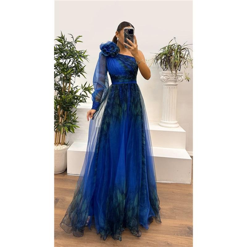 

Женское вечернее платье с 3D-цветочным декором на одно плечо, плиссированное, сетчатое, банкетное платье, одно плечо, длинный рукав, тонкая талия, А-силуэт, длина до пола, разрез, подол, шар XL