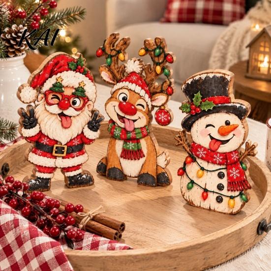 Handcrafted Wooden Holiday Ornaments 3Pcs/Set Christmas Tabletop Ornaments, Festive Winter Table Decoration, Atmosphere Decoration Santa Claus