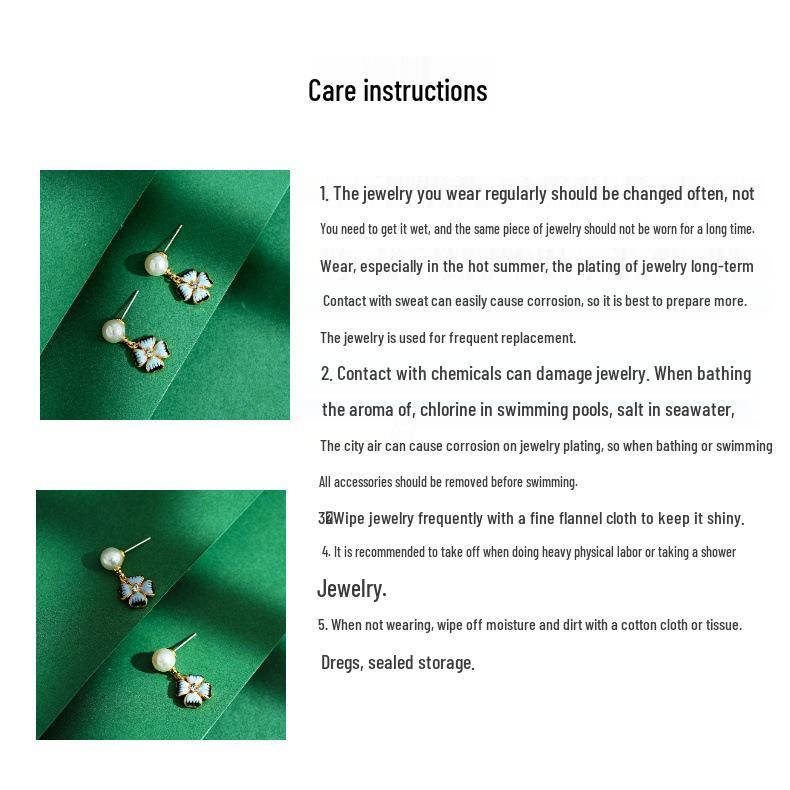 Chinese Enamel Freesia Pearl Tassel Earrings - Four-Leaf Clover Silver Studs for Women